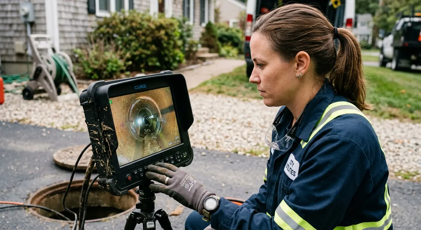 Technician reviewing sewer camera inspection footage in Fountainebleau
