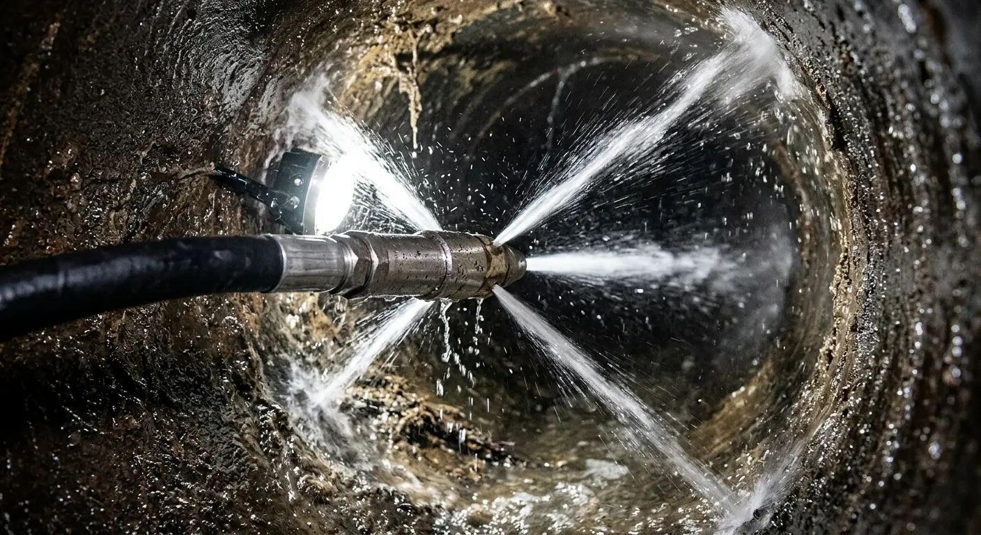 High-pressure hydro jetting nozzle cleaning sewer pipe for Emergency Drain Service in Fountainebleau