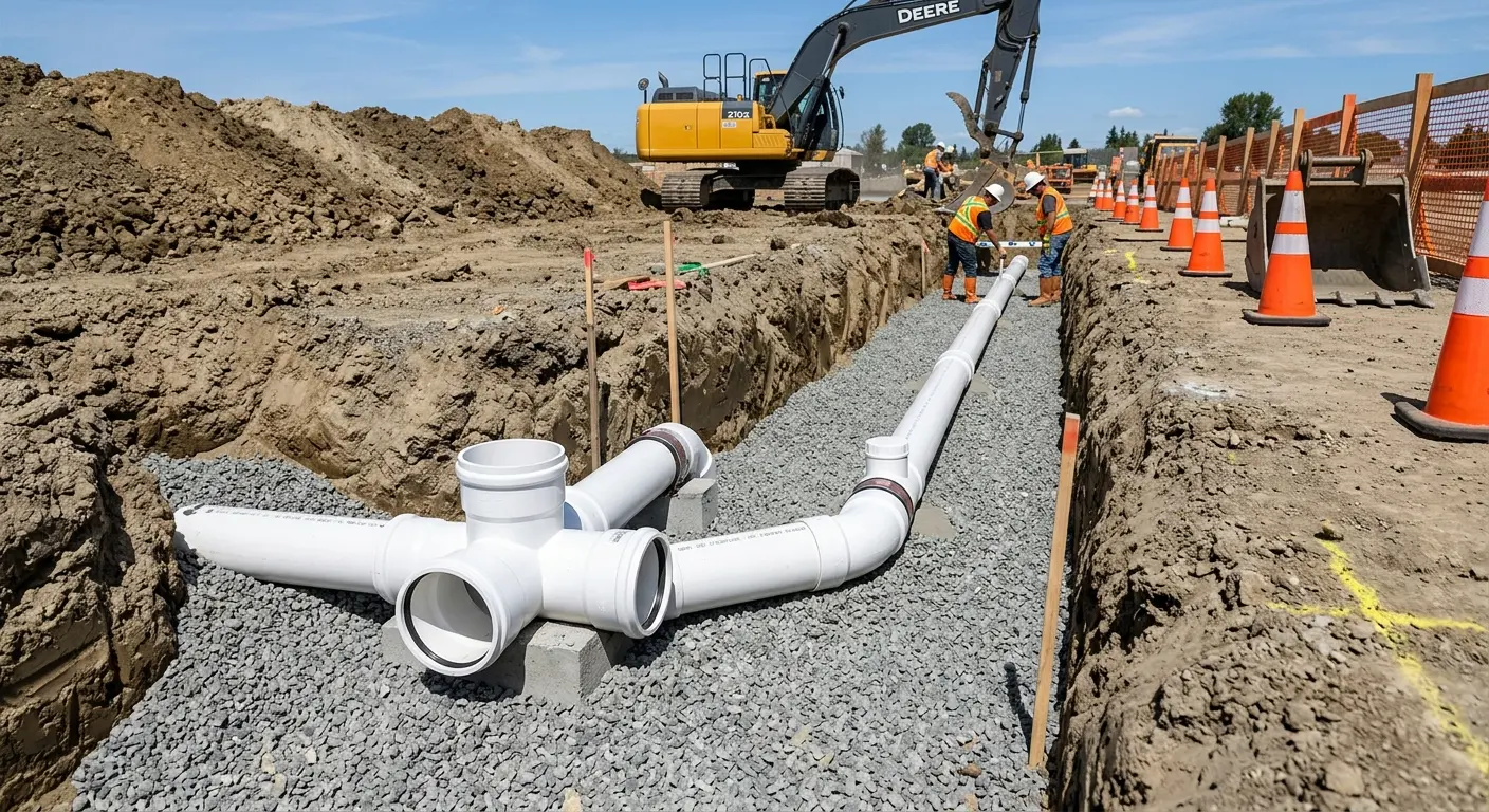 New PVC sewer pipe installation in open trench for Grease Trap Cleaning in Fountainebleau