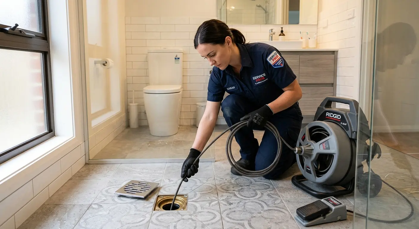 Technician clearing a bathroom floor drain for Drain Repair in Fountainebleau